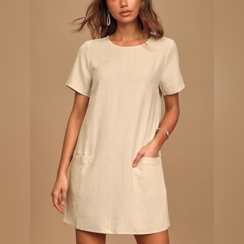 Lulus Linen-blend Short Sleeve Shift Dress, size S in Beige
